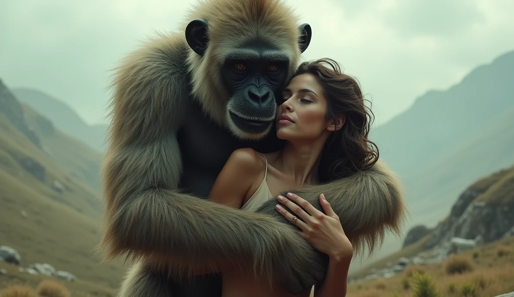 Kim Kardashian in lingerie kissing a muscular gorilla king