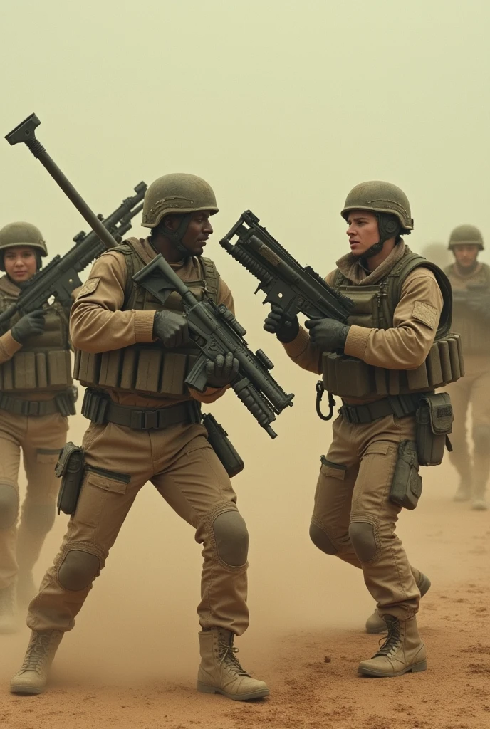 A lone Arab warrior of the 1st century Hijri is engaged in battle in a vast desert. Clad in a vibrant green attire, his armor and helmet gleam under the harsh desert sun. He stands alone, a single force of valiant resistance against a massive enemy army. The enemy soldiers are donned in brilliant red uniforms, their own armor and helmets mirroring the intimidating display of power. The stark contrast of green and red, of single and multitude, paints a dramatic tableau of courage and conflict in the merciless desert.
