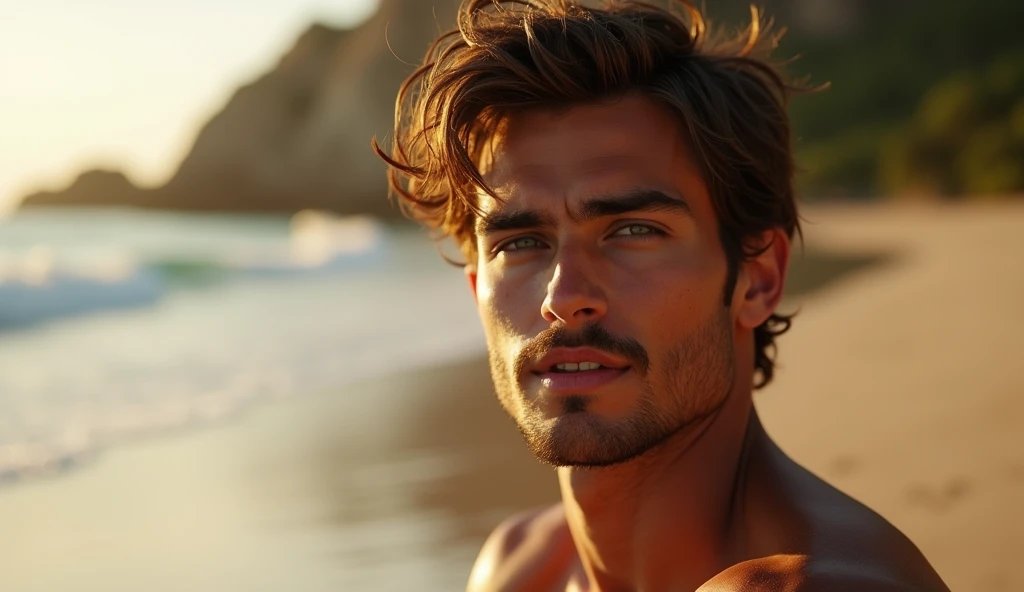 a handsome man with medium brown hair and beard, he is hairy and naked lying on the sand, high resolution photography, late afternoon light