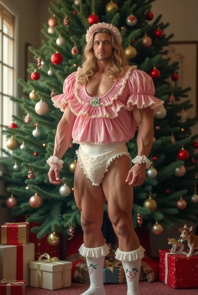 1man, realistic photo of seductive aroused muscular charming handsome attractive twink vampire man Alucard with long blonde hair and glowing amber gold golden eyes wearing seductive lacey lace lingerie dress 👗 twink vampire, twink vampire wearing a dress skirt, man in dress, lacey dress twink muscular legs skirt dress, standing in a bedroom doorway, gold and blue pink lingerie miniskirt with pink bows skirt, skirt with garter belt 