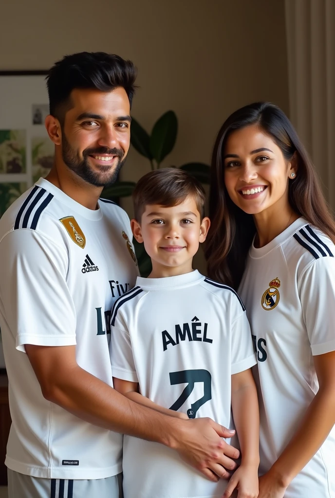 A family of three with a baby, all three wearing the Real Madrid shirt 