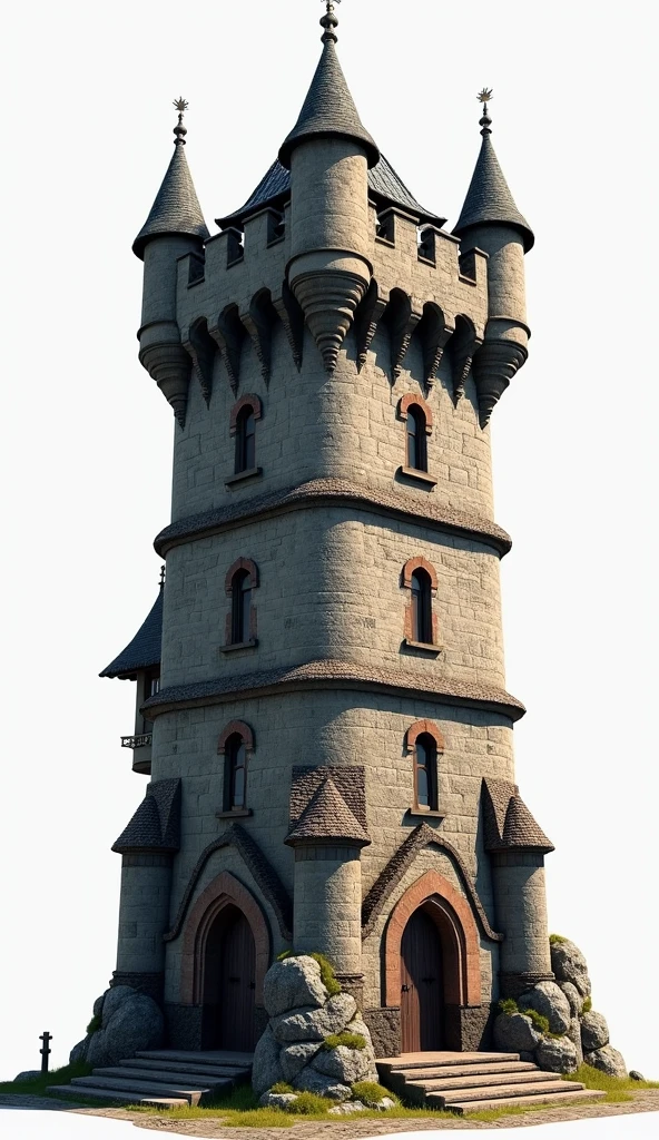 medieval style tower . Circularly split diagonally with a degree of 75 on the right side at the entrance.  with 4 floors and 4 peaks per floor 