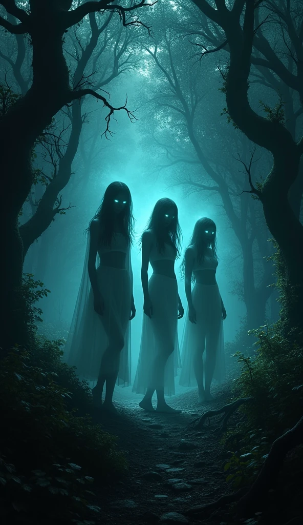 Believe me, elves with bright eyes in the forest on a gloomy night