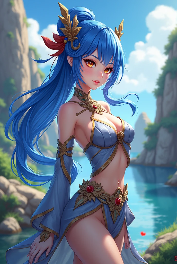 a woman with blue hair and a seaweed ballroom dress is standing, style artgerm, trending artgerm, artgerm lau, artgerm style, style of artgerm, as seen on artgerm, artgerm and rossdraws, extremely detailed artgerm, like artgerm, artgerm art, blue sea-elf, full body, Blue skin, azure complexion, TEAL SKIN, BLUE ELF, Slim body