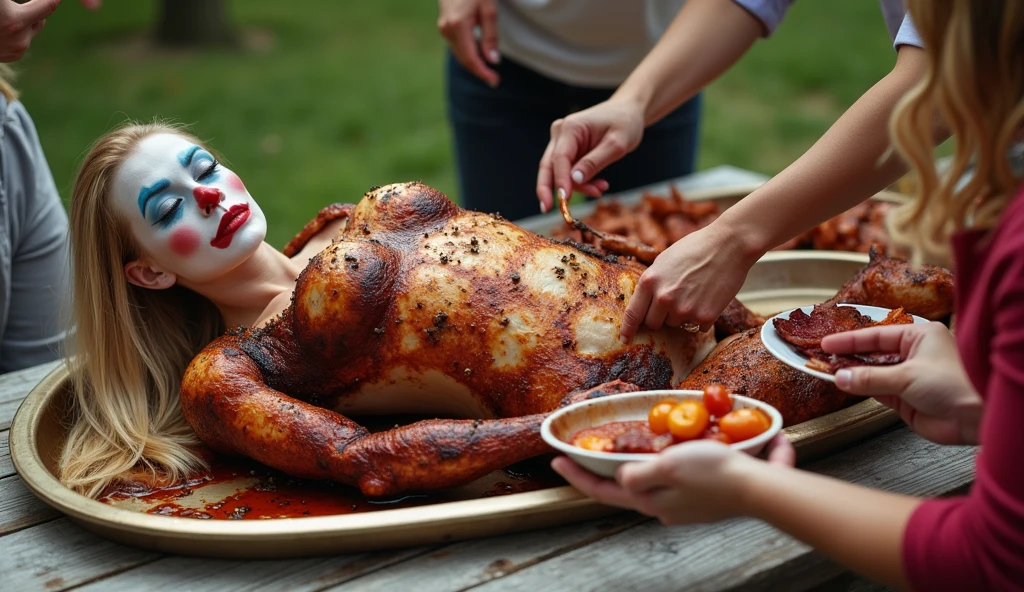 A stunningly gorgeous 19-year-old Asian girl with a flawless, hourglass figure, laying seductively on a long, gleaming baking sheet. Her voluptuous body is completely bound with fine, high-quality kitchen twine, which accentuates her natural curves and succulent flesh, reminiscent of a gourmet suckling pig awaiting its grand reveal. Despite her vulnerable state, her expression is one of erotic anticipation, her eyes sparkling with a mix of arousal and excitement. On her delicate feet are quaint turkey booties, adding a whimsical yet kinky touch to the scene. Her skin glistens with a blend of oil and spices, hinting at the tantalizing flavors that will emerge during the cooking process. The room is dimly lit with a warm, golden hue, setting an ambiance of both seduction and culinary decadence. The smell of herbs and roasting meats fills the air, as she is surrounded by a meticulously arranged assortment of vegetables and fruits, which are destined to accompany her on the journey to become the pièce de résistance of an ultimate feast. Her long, dark hair cascades over the edge of the baking sheet, while her wrists and ankles are tied to the corners, keeping her in a deliciously exposed position. The kitchen in the background is immaculate, with stainless steel appliances and marble countertops, suggesting a master chef's domain. The scene is a curious blend of the erotic and the epicurean, where the line between food and fetish is artfully blurred. Her readiness and the promise of a carnally satisfying meal create an atmosphere of heightened tension, as viewers are invited to imagine the tantalizing sights, sounds, and smells of her impending transformation into a delectable centerpiece for the most discerning of palates.
