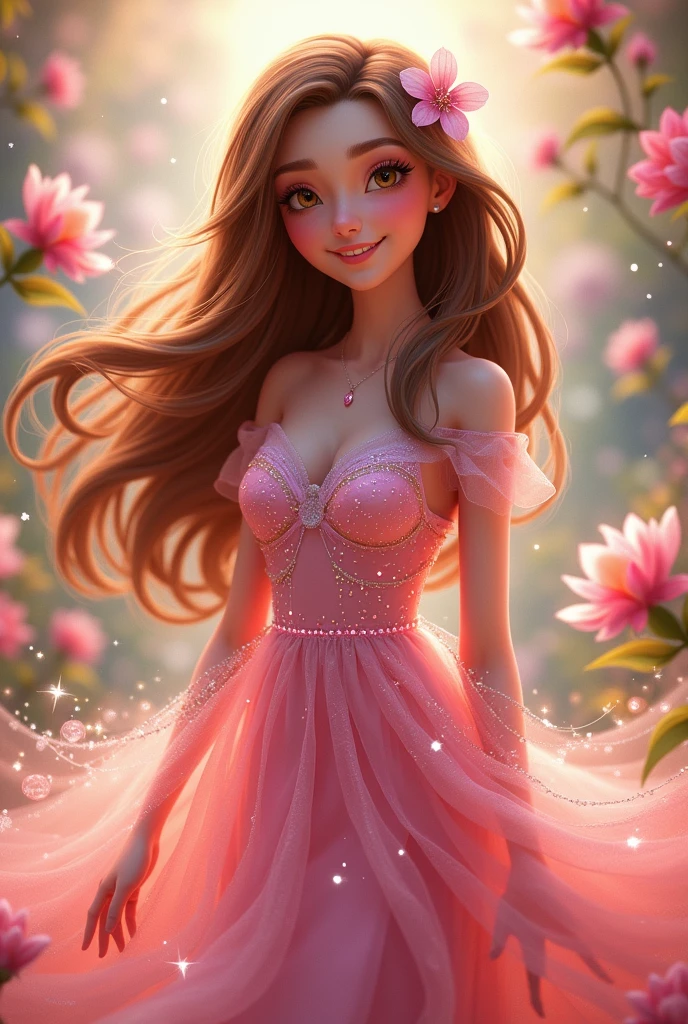 create a  Disney Pixar style, Wavy brown hair, light skin, in elegant pink dress.