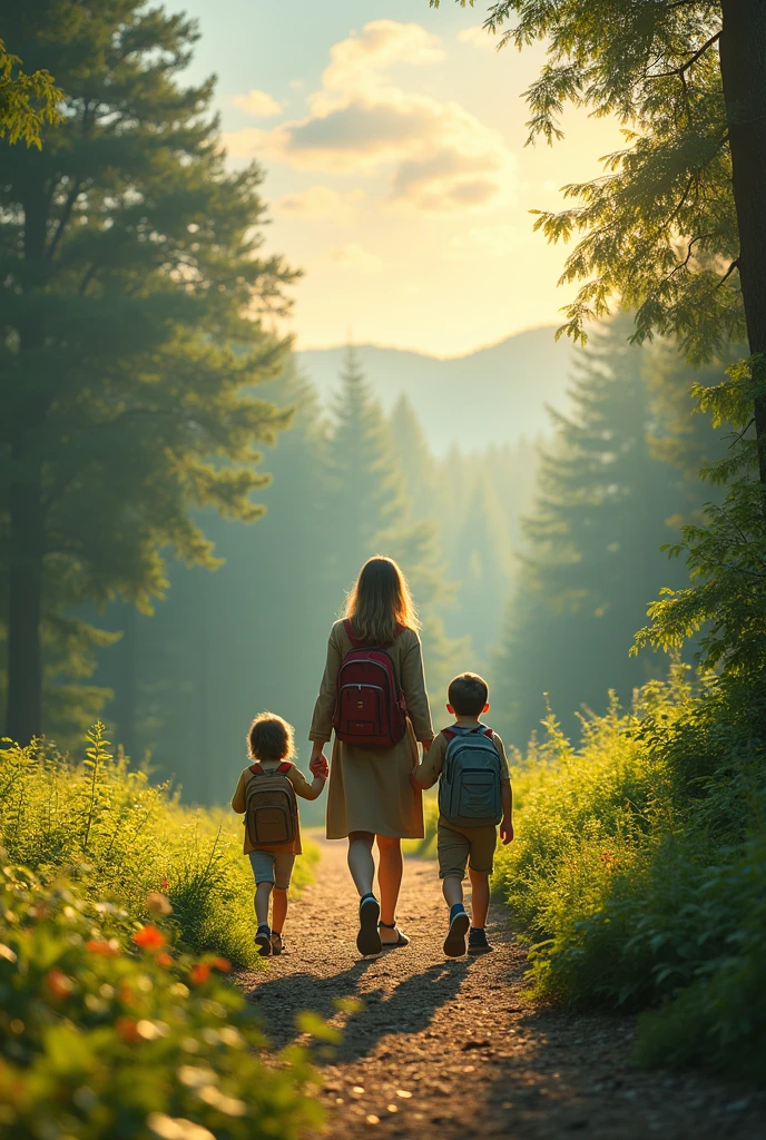 Family exploring, forest, backpacks, Time of Day: afternoon Camera: DSLR Lens: Standard zoom lens