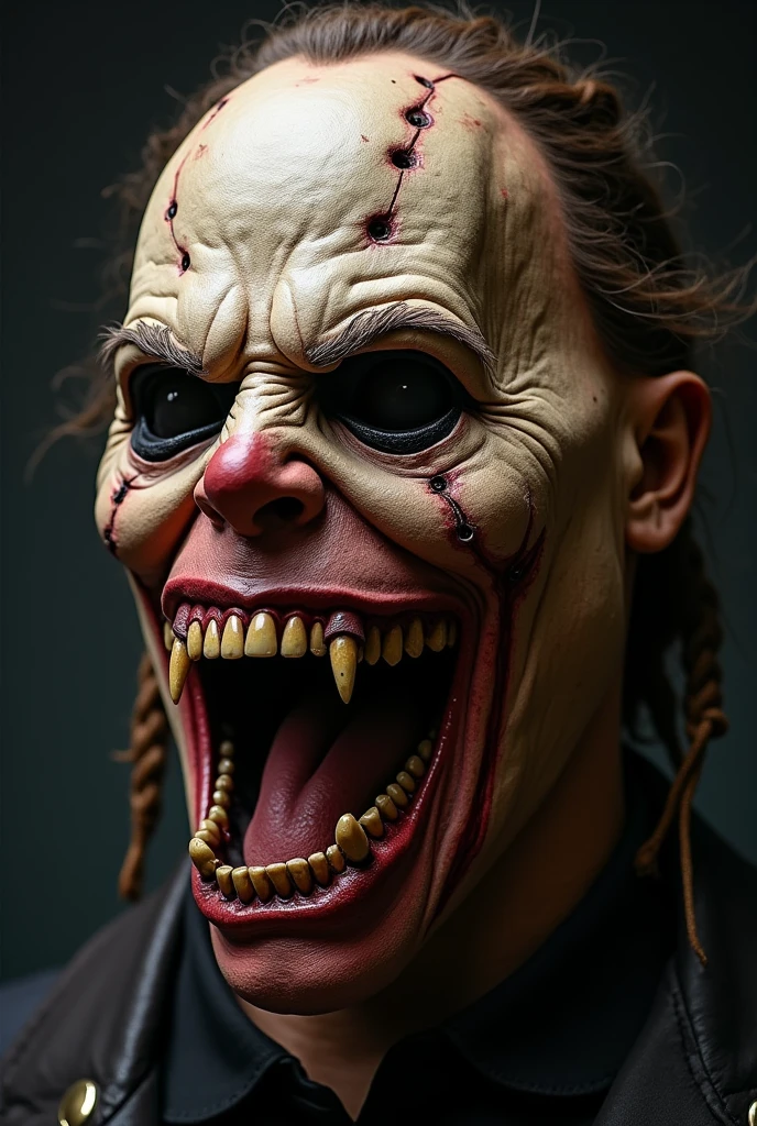 RAW photo , tw1sty, bloody mouth, bloody face, portrait, from side, looking aside8k uhd, dslr, soft lighting, high quality, film grain, Fujifilm XT3,  background