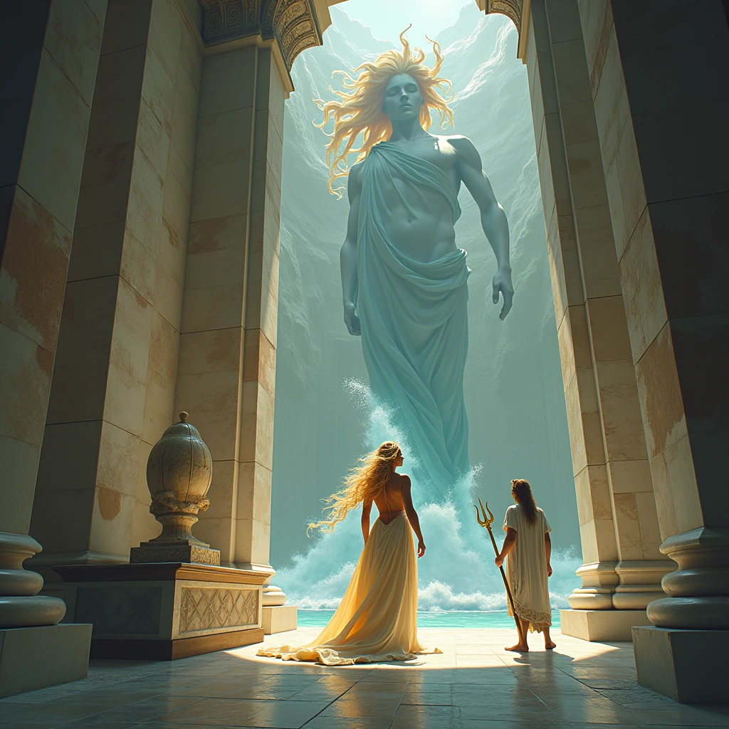 Prompt:
"Inside an ancient, grand Greek temple with towering marble columns and divine golden statues, Medusa, a beautiful maiden with flowing hair, stands terrified and broken. The sea god Poseidon, powerful and imposing with a trident and waves swirling around him, looms behind her after violating the sacred space. The air is tense and tragic. In the background, the goddess Athena appears above, glowing with divine rage, her eyes filled with disappointment and fury—not at Poseidon, but at Medusa. The scene is dramatic, emotional, and mythological, filled with injustice and divine power. Classical ancient Greek art style, rich lighting and shadows."

Would you like this illustrated in a realistic, anime, painting, or another style?