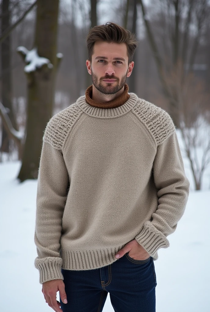 professional photo of cfconnor <lora:CFConnor:0.8> walking alongside an Icelandic beach, wearing a well-fitted wool knitted white sweater with a turtleneck and trousers, sandy beach, footprints in the sand, waves crashing, ocean in the background, foggy weather, gloomy sky, looking to the side, focused expression, clean modern aesthetic, shot by Annie Liebovitz
