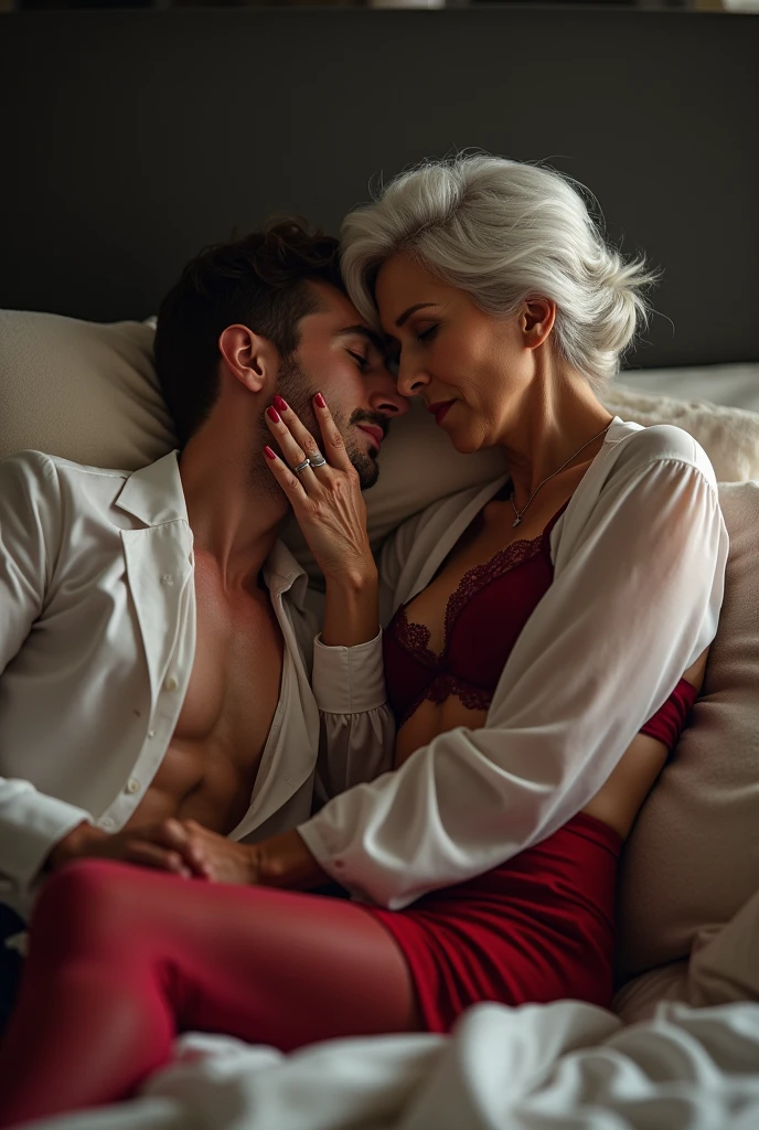 Sexy 80 years old busty woman wearing red lingerie kissing 25 years young handsome man, sofa , living room , romance, Full body