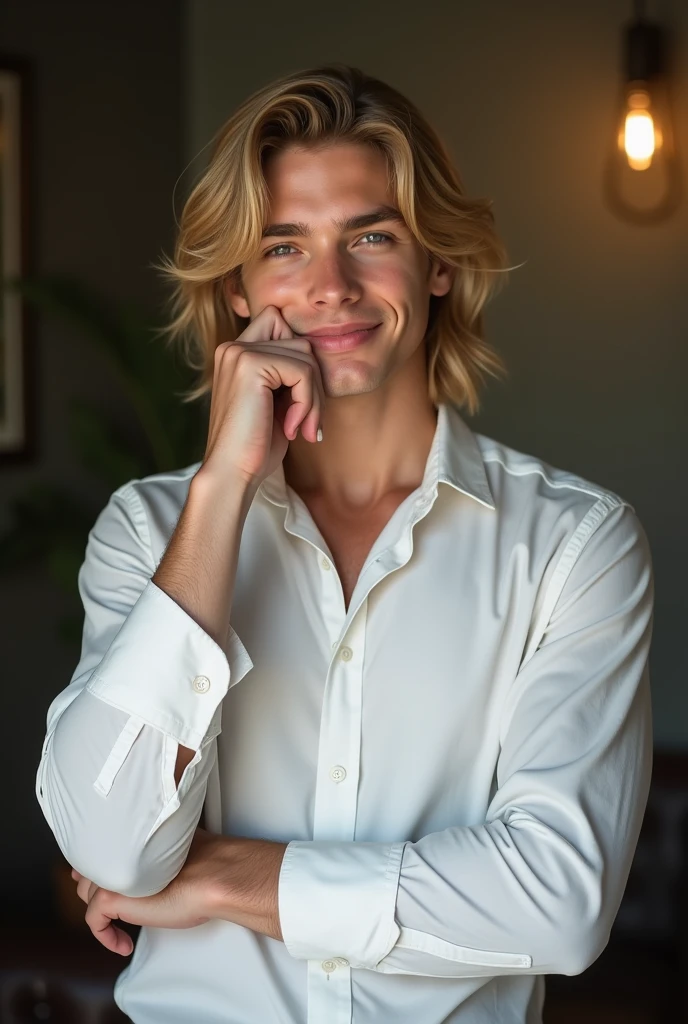 A photo of a strong and handsome 18-year-old man in an indoor environment. Wearing a white button-down shirt . he has his arms crossed and his right hand placed on his face. His hair is blond and loose , falling on the shoulders . The atmosphere is elegant and sophisticated . His facial expression is one of a timid smile.