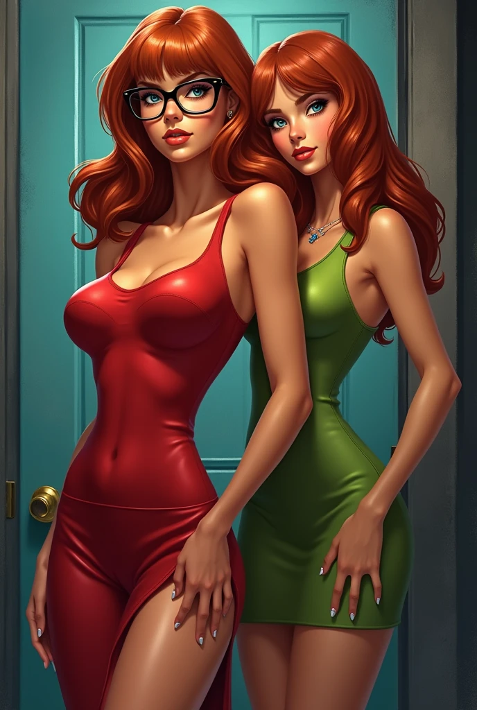 Two stunning women standing close and intimately in a club with the people dancing in the background. The first women with oval face shape and dark brown hair, wearing a square neckline deep red floor length evening gown highlighting her curves elegantly. She accesorizes it with black peep-toe heels and a chanel bag. She is flaunting her beautiful hairs. The second woman, with brown hair, sexy round  and curvy fit body is wearing a emerald green mini bodycon dress paired with black stilettos and a snake necklace. They both are standing intimately with each other as they are very good friends. Full body shot.
