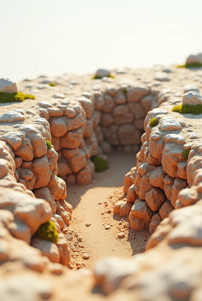 Renderização 3D, game dev referência 3D apresentada em fundo branco fosco como set 3D, Create a scene mostragem completa with a diameter of 200 meters, full view, some small rocks around it, and then, closer to the center, add small stones of various shapes that outline a ravine with a depth of 4 meters. Game dev geometry, high detail, terracotta texture and moss green spots in nuance with the soil in the ravine formations. Highly realistic real-world textures