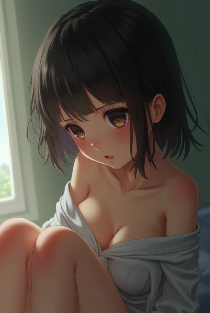 nsfw,((1boy and 1girl,having sex)),missionary position,lying in bed,bird’s eye view,Highest quality、Very delicate and beautiful、I、((Very short bangs))、((Bangs))、Brown Hair、((Short Bob))、Cute face、Cute like an idol、Yellow Eyes、Are thin、Slim figure、Bright room、Daytime、Sweat、Nice thighs、(boy on top),