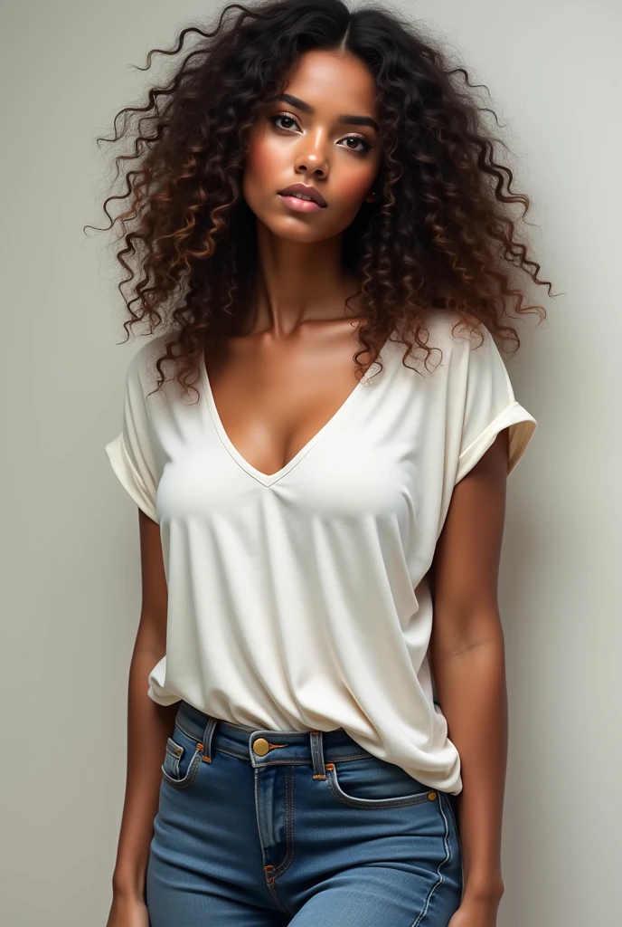 Photography of a beautiful girl, Wearing a Brown T-shirt, jeans ((very heavy bust)), short curly hair, corcovado, Looking to the side, symmetrical eyes, symmetrical face, photorealistic, photography, Plot layout, specular lighting, Volumetric light of the face, Hair path, Visible shadows, complex, elaborate, hyper realistic