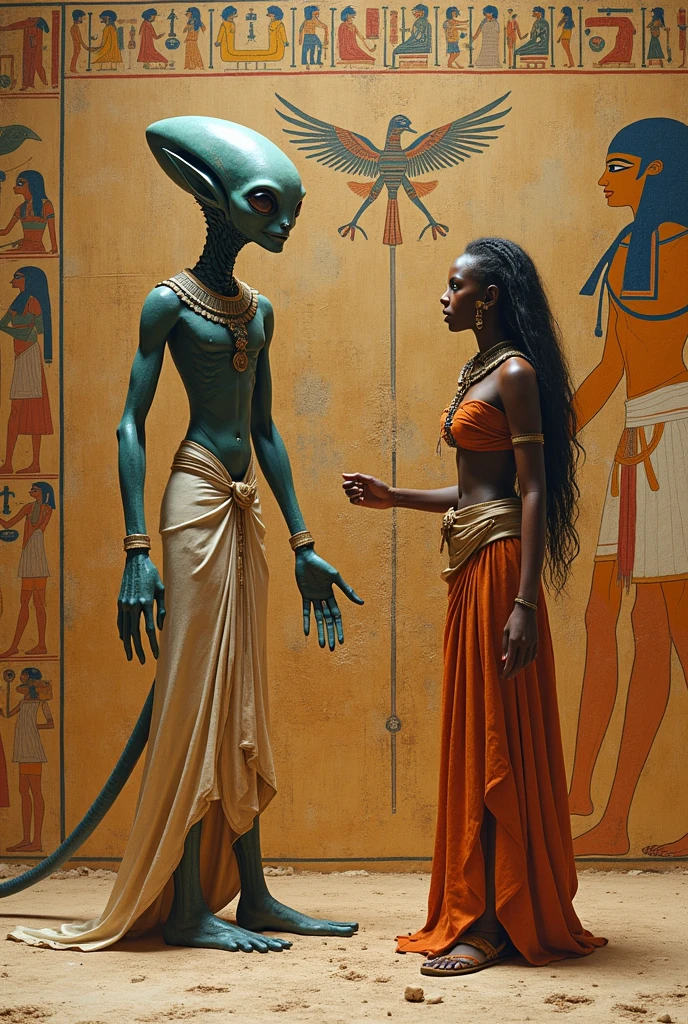 A blue alien with a human appearance, a human face with indigenous markings on the chest and face in slave clothes with white sclera, blue iris and black pupil, with shock wrath on her neck naked dancing for the white human king in pharaoh's clothes rejoicing with the dance