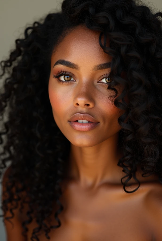 there is a black woman , the woman has curly black , she has brown skin, with dark brownish skin, with long curly, long black curly hydrated bouncy loose curls hair she is taking a mirror selfie