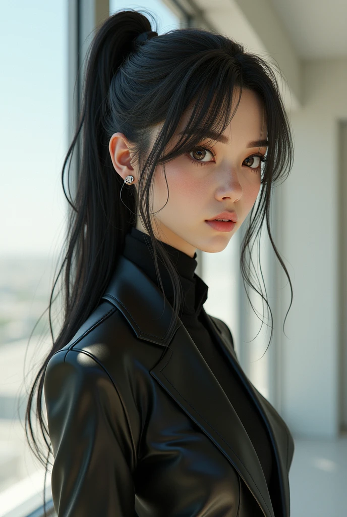 yaoyorozu momo, (momo yaoyorozu:1.2), long hair, bangs, black hair, ponytail, (black eyes:1.5), high ponytail, wide ponytail,