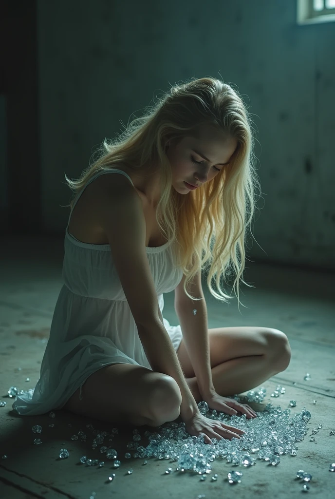 Woman, blonde long hair, sobbing, with a thin face and dark circles, sitting on the floor