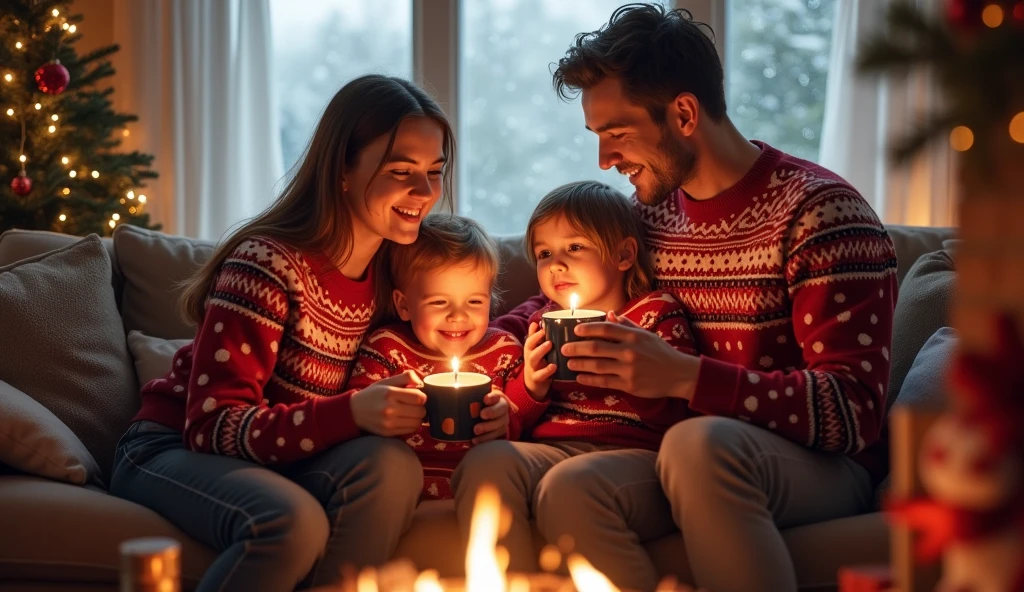 Create a photo showing a family consisting of TWO 18-year-old daughters, the mother and the father, at Christmas sitting in the garden of their house with a bonfire in the center with Christmas sweaters all the same
