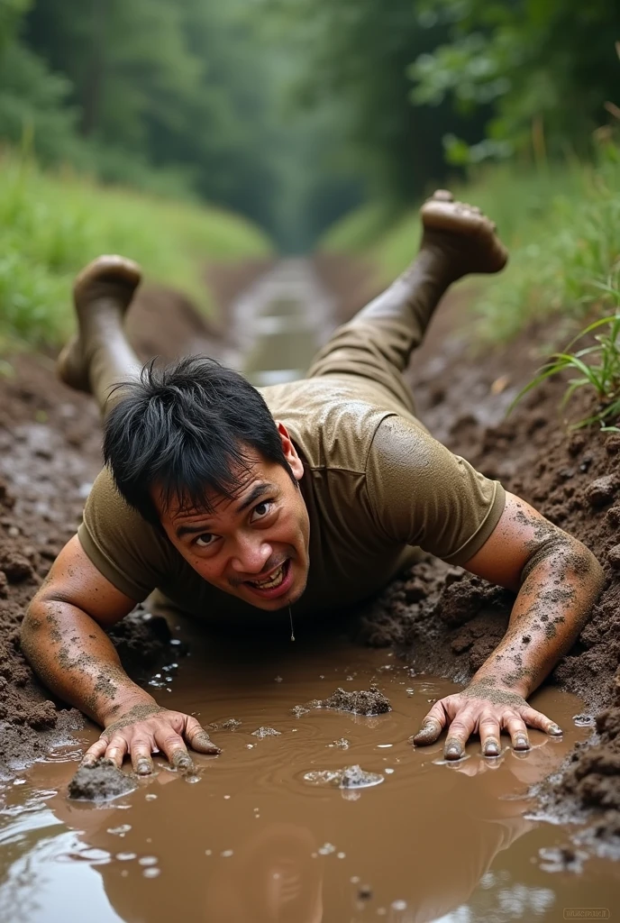 Handsome, muscular shirtless man sinks in a mud pit , smudged , covered in mud, high quality photos