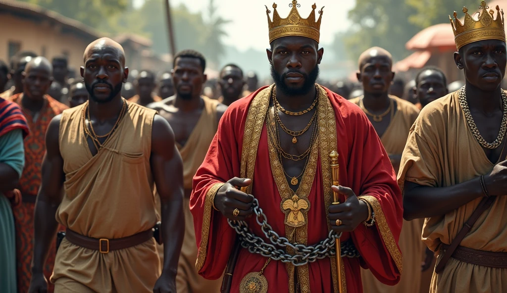A young African king on his throne. His servants are near him and they are on their knees and each with a weapon in his hand