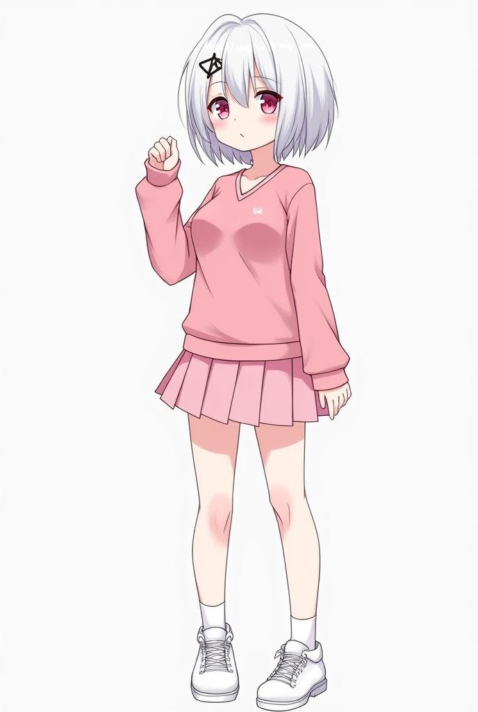 that she has a shy face, that she has white hair, cat ears, black glasses, pink eyes, a super-flushed pink sweatshirt, that she has her Saturday sweatshirt up to her chest, that her pink bra is visible, a black skirt, white tights, black Vans tennis shoes, and that she is a super-reserved girl.