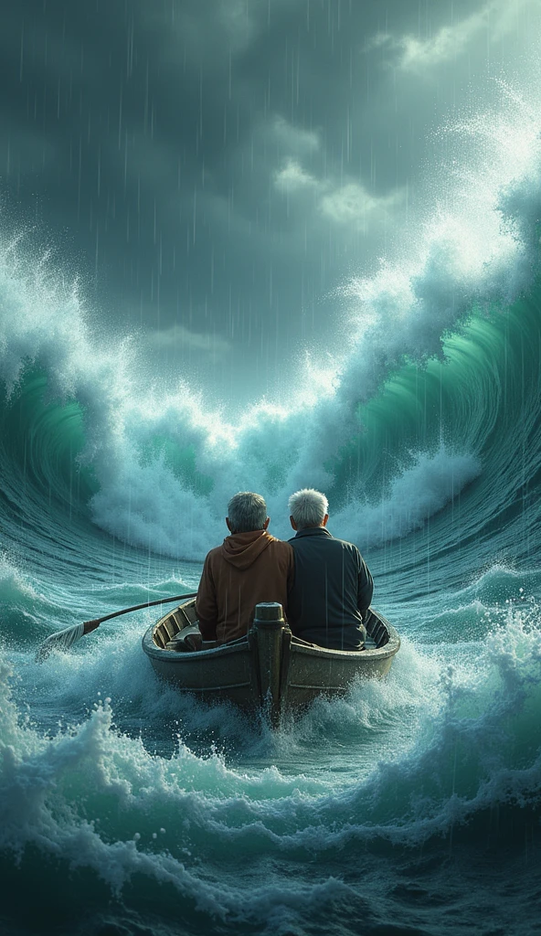 Masterpiece, high definition, 8K, fantasy art, award-winning drawing of an old man and a woman in a stormy and sinister landscape, frame always knee-deep, helping each other walk, romantic and sturdy clothing, stormy background, lightning, back view , intricate details. Close-up of elderly people, boats on the cliff in the background, well-defined people and landscape. OverallDetail,
