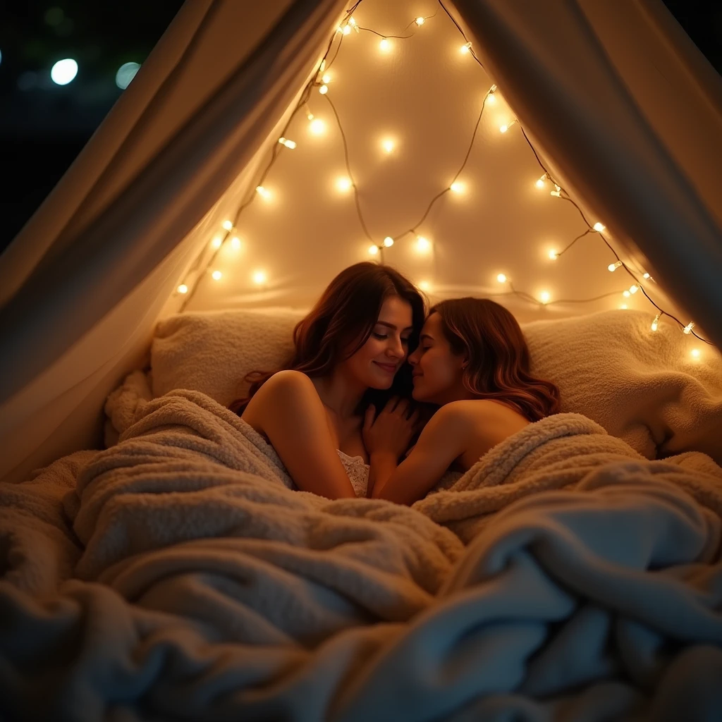 Two women passionately making out with each other inside a tent, bonfire illuminating the interiors if the tent, they're very passionate and erotic, kissing, lips touching, hugging tight