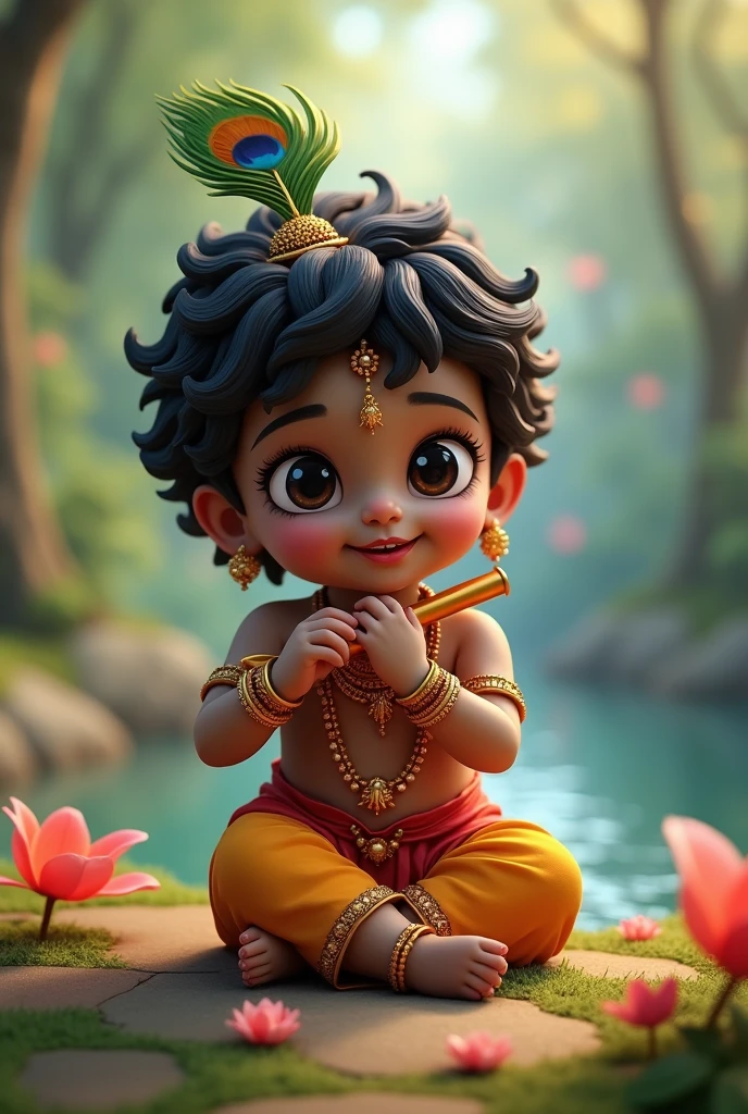 Create an image of little Krishna quietly sneaking and eating butter from a clay pot. Krishna should be depicted as a young child with a mischievous smile on his face, dressed in a traditional yellow dhoti, with a peacock feather in his hair and some simple jewelry. He is seated on the ground, with his hand inside the pot, holding a ball of butter. The setting should be a cozy, traditional Indian household with wooden furniture and earthen pots, with soft light filtering through a window, highlighting the divine and serene atmosphere."