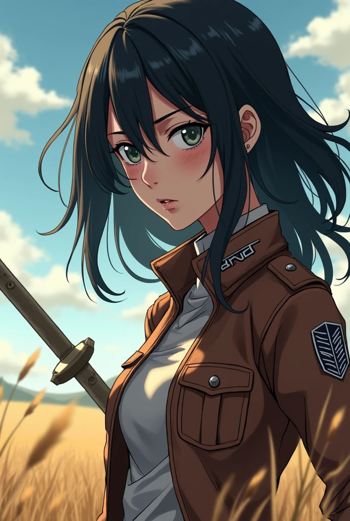 a close up of a woman with a sword in a field, a picture inspired by Ryūsei Kishida, trending on pixiv, auto-destructive art, Battle Angel alita, from attack on titan, (attack on titans anime),  Metal Gear Solid cyberpunk anime , badass anime 8 k, cyberpunk anime girl mech, Battle Angel