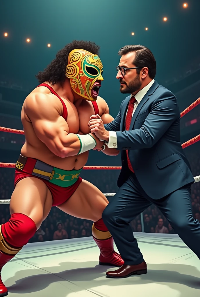 A cartoon scene of a Mexican wrestling wrestler with a mask that has the letters SR, in a warm atmosphere inside a wrestling ring and there are many toys inside