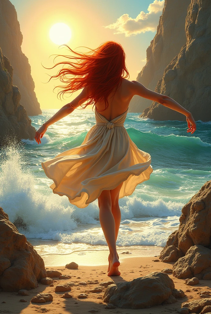 pretty gorgeus  young swedish   woman bikini  red hair throwing star fish in water on  a beach ultrarealistic photo sunuset light