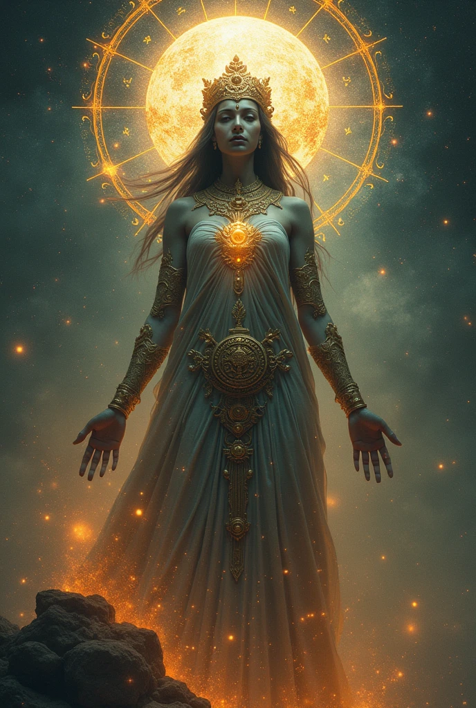A surreal depiction of Nyx, the Greek goddess of the night, standing tall in a vast, starlit landscape. Nyx is portrayed as a stunning woman with flowing hair made of swirling galaxies, her cloak billowing out like tendrils of darkness. She stands with an aura of power and mystery, surrounded by ethereal beings representing sleep and death. In the foreground, a river of shadows winds its way through the scene, reflecting the shimmering stars above. The middle ground showcases ancient ruins half-shrouded in mist, hinting at the passage of time in Nyx's realm. In the background, distant mountains loom under a sky ablaze with constellations, creating a sense of vastness and wonder. The scene is bathed in a soft, otherworldly glow, emphasizing Nyx's celestial nature and enigmatic presence. The overall mood is both captivating and eerie, evoking a sense of reverence for the goddess of the night. The style is surreal and fantastical, with a blend of cosmic and mythological elements, creating a dreamlike atmosphere.