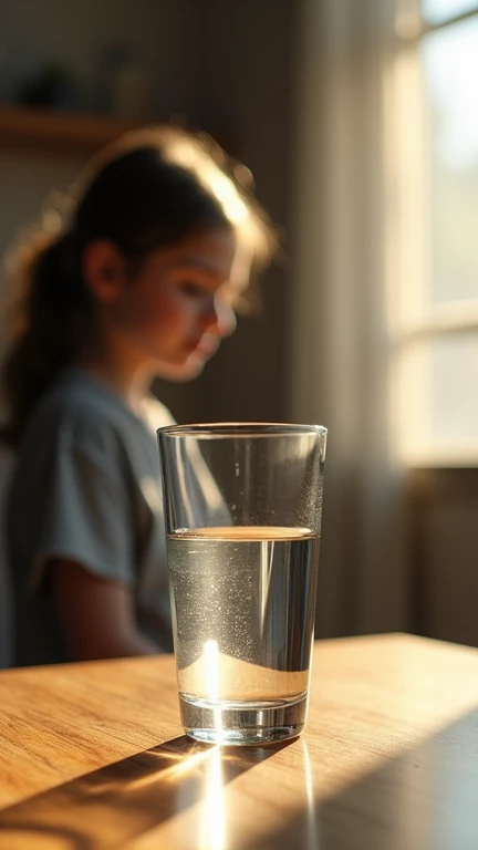 (Masterpiece, epic ralism, full realism, professional camera photography, emn professional studio) a boy and a girl 10 years old, drinking water from a glass glass, THEY LOOK HAPPY, Advertising image
