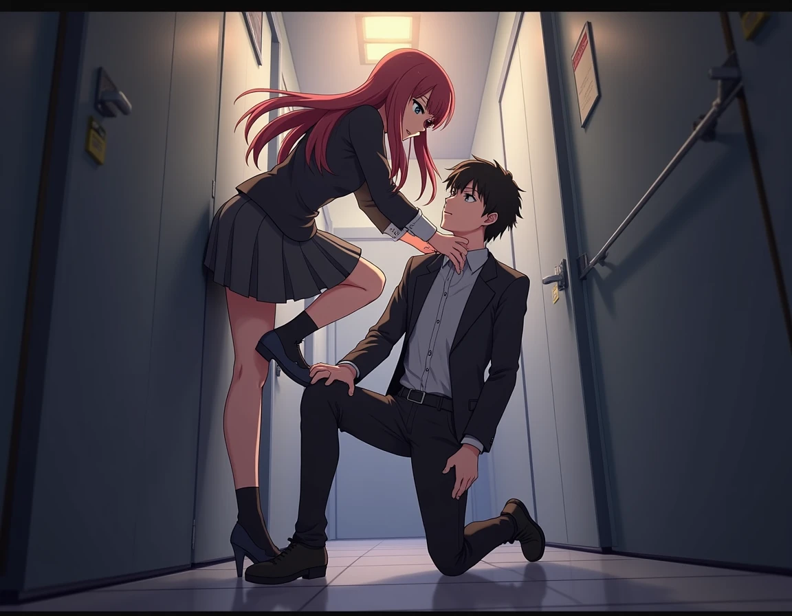 score_9, score_8_up, score_7_up, score_6_up, score_5_up, score_4_up, source_anime, 1girl, sit, full body, red hair, long hair, close eyes, w-w-chains, spread arms, kissing, messy hair, yellow shirt, skirt, black thigh high boots, night, dungeon, best quality, best res, 4K UHD,
1guy, black hair, close eyes, white shirt, jeans, kissing girl,