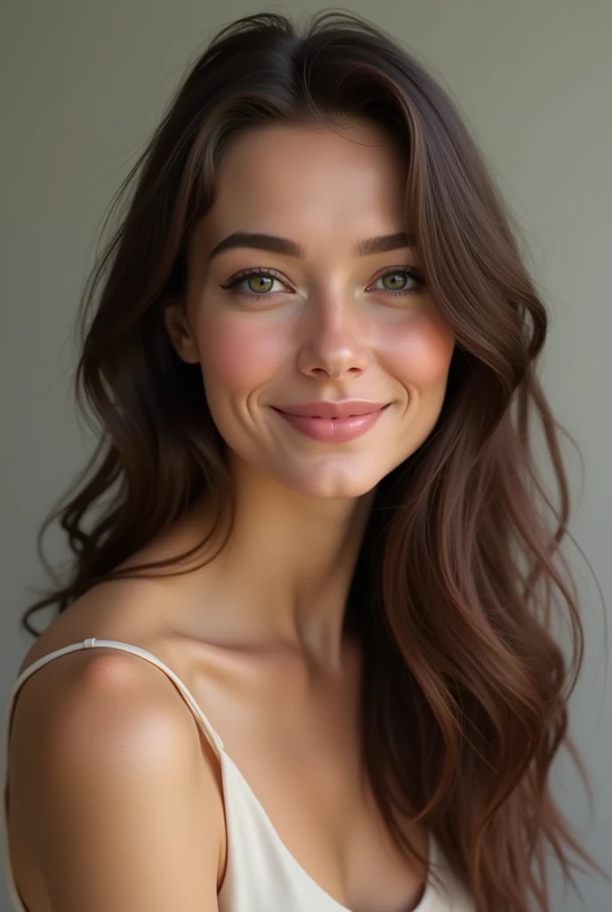 beautiful young woman, average quality Twenty-seven--old woman. Short stature and thin body, with curves in the right places. wide, color chocolate, curly. heart shaped face, small, pretty nose full of freckles, big hazel eyes and long, bushy eyelashes. Has separated incisor teeth, but that only increases the attractiveness of his kissable lips.