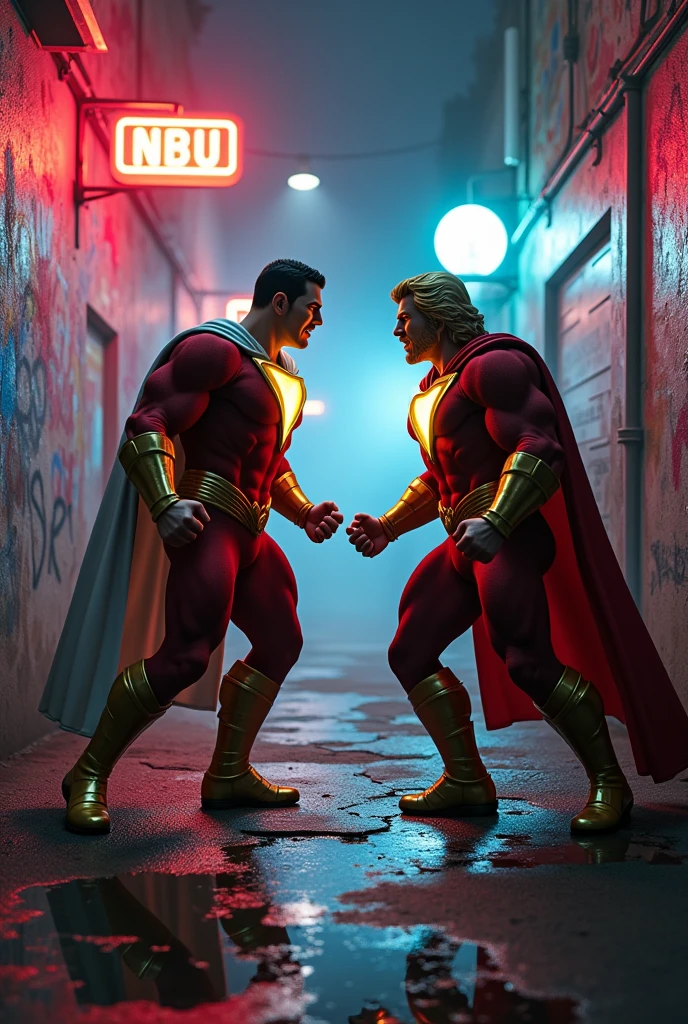 Fighting scene superman and saitama from one punchman. C4D rendering, super-realistic, super-detailed, unreal engine