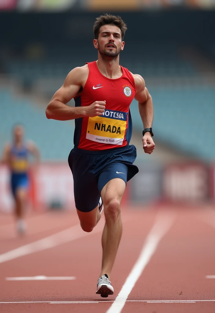 Base model of a handsome indian man, in the Olympic stadium, homoerotic, masterpiece, , handsome face, posing for photo shoot, ultra HD, 16k resolution, handsome face, beautiful eyes, messy hair, he is an Olympic swimmer, (wearing indian Olympic team Jersey), crotch bulge, Olympic games