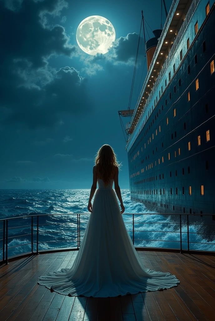Beautiful redhead woman with big breasts, thin waist, wide hips in a long transparent dress flying in the wind watching the Titanic leave on a beautiful full moon night