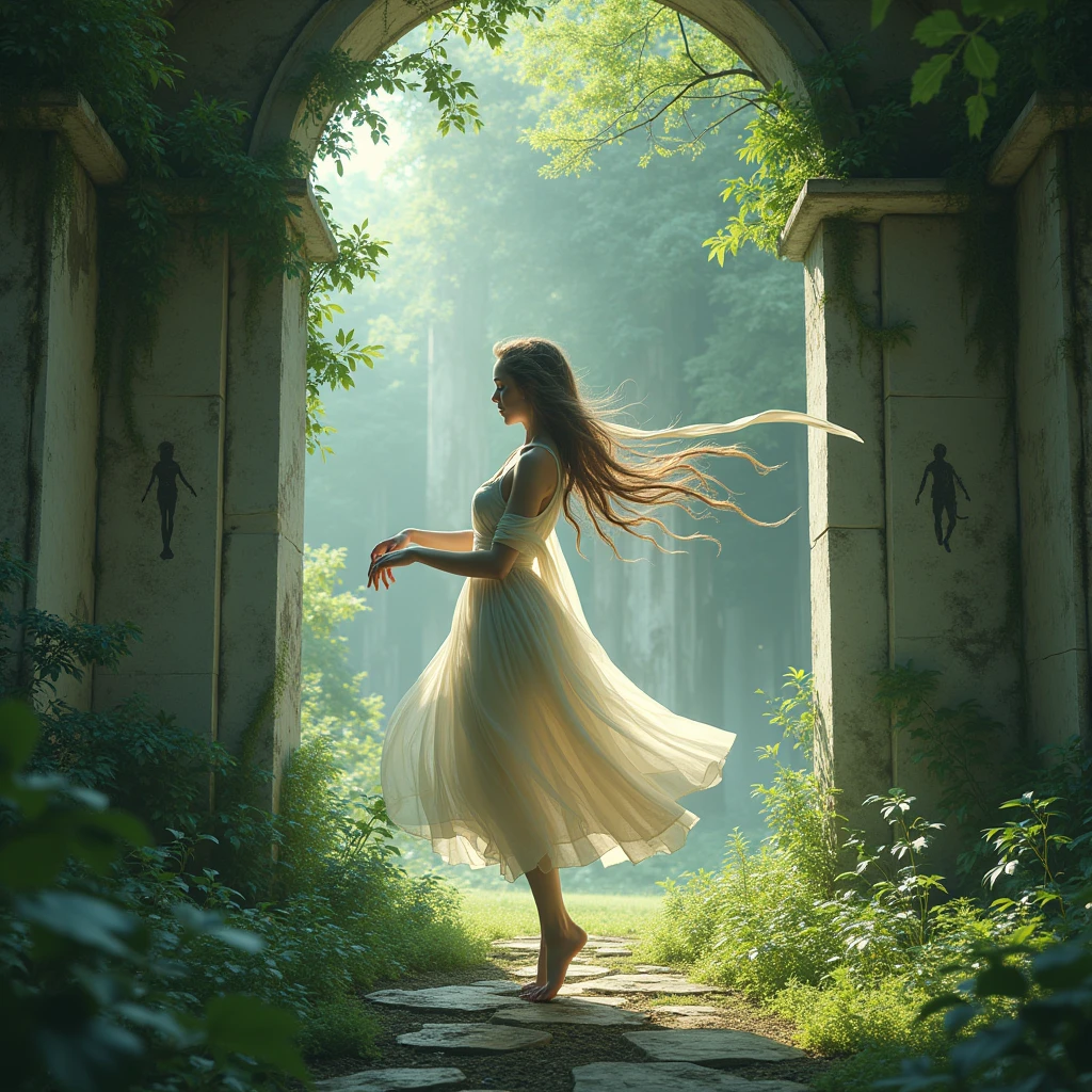 A long-haired girl dancing under the bridge