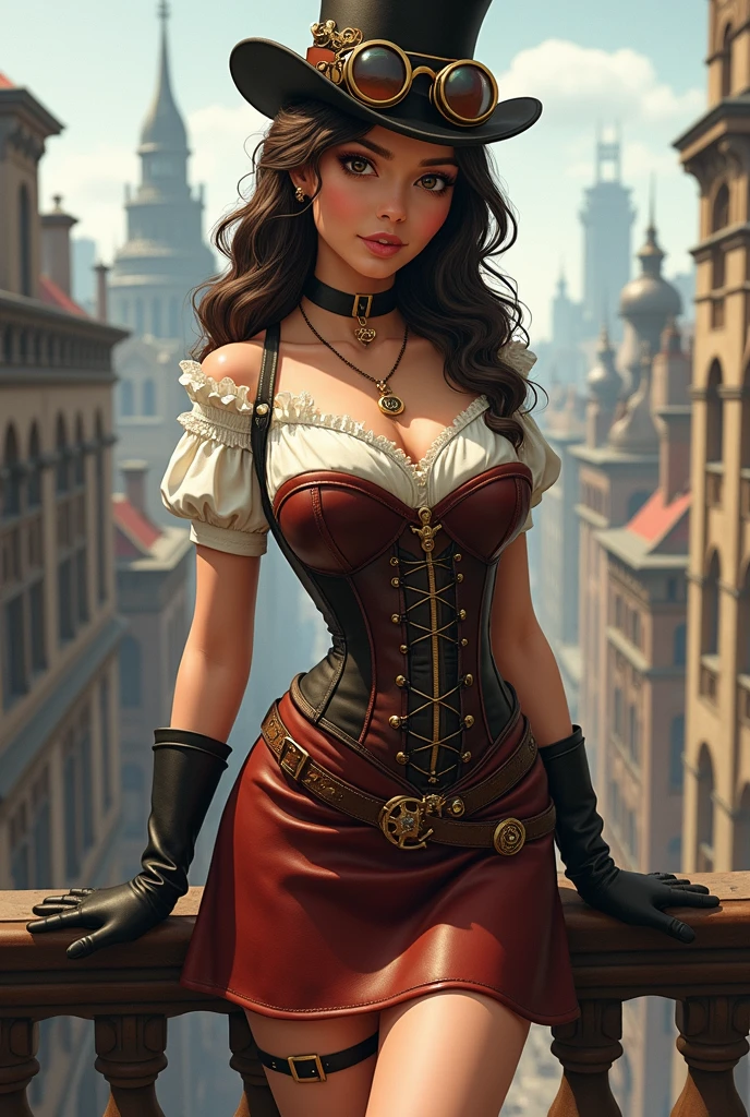 a steampunk-inspired scene, with a beautiful girl in a garden, surrounded by gears, brass pipes, and mechanical contraptions. Her eyes are detailed and mesmerizing, with long eyelashes. She has ruby red lips that add a pop of color to her pale complexion. She wears a corseted dress, adorned with gears, and accessorized with leather gloves and goggles. Her hair is styled in intricate braids and adorned with metal ornaments. The scene is set in a lush garden, filled with vintage roses and twisted vines, with a backdrop of an industrial cityscape. The color palette is rich and warm, with shades of vintage gold, copper, and deep crimson. The lighting is dramatic, with rays of warm sunlight cutting through the steam-filled air. The contraptions in the garden emit steam, creating a sense of motion and energy. The overall image quality is of the highest standard, with ultra-detailed elements and a realistic, photorealistic quality. The composition is carefully crafted, with a focus on the girl and the intricate details of the steampunk world. The art style is a fusion of Victorian aesthetics and futuristic technology, capturing the essence of steampunk. The prompt: (best quality, 4k, highres, masterpiece:1.2), ultra-detailed, realistic:1.37, steampunk, girl in a garden, gears, brass pipes, mechanical contraptions, beautiful detailed eyes, beautiful detailed lips, long eyelashes, corseted dress with gears, leather gloves, goggles, lush garden, vintage roses, twisted vines, industrial cityscape, vintage gold, copper, deep crimson, dramatic lighting, steam-filled air.