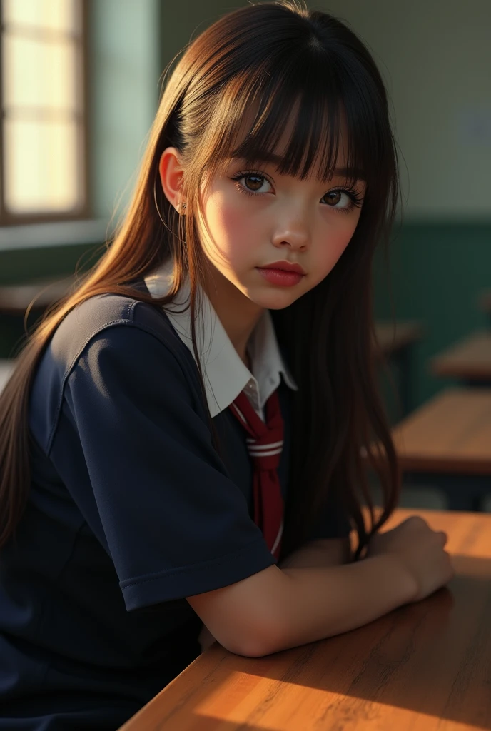 1 innocent and cute girl,beautiful vintage color,18 years old,独奏,depth of fields,softlighting,low angles、In the classroom,school uniform Wearing,a small face、With fair skin,thin very long legs,white high sock crown loafers、Show me your white underwear、looking at viewert,Face in Focus,Long grey hair,long eyelasher,二重まぶた、Braids、Twin-tailed、