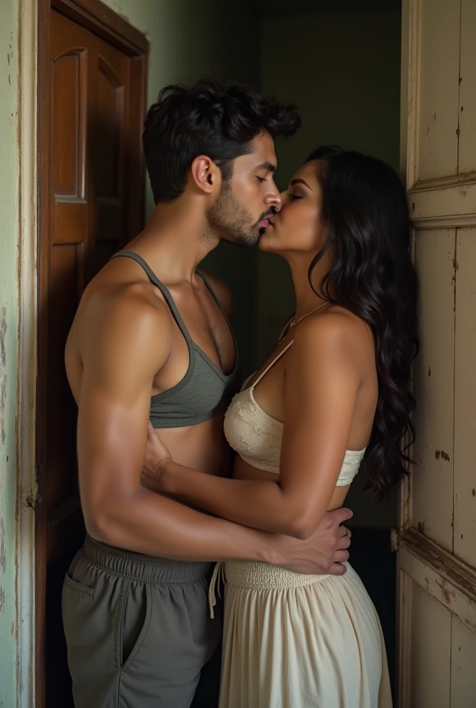 ultra real, 4k, realistic image, young indian brother and his sister having secret affair in school. sister wearing deep neck top and mini skirt, boy pressing her breast with his hand, in their simple home bedroom