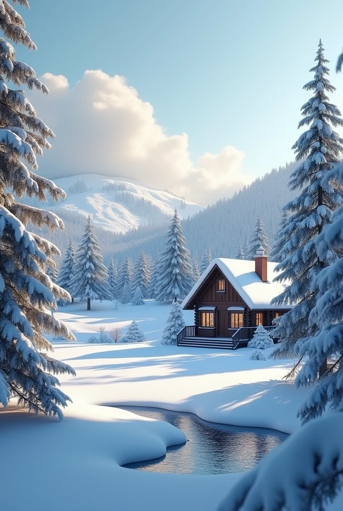 snowy scene of a small red cabin in the mountains, 3d rendered matte painting, 3 d render and matte painting, matte painting v ray, rendered in keyshot, 3d matte painting, rendered in arnold, optimistic matte painting, illustration matte painting, beautiful 3 d concept art, realistic fantasy render, legend of korra setting, highly detailed scene, rendered in blender