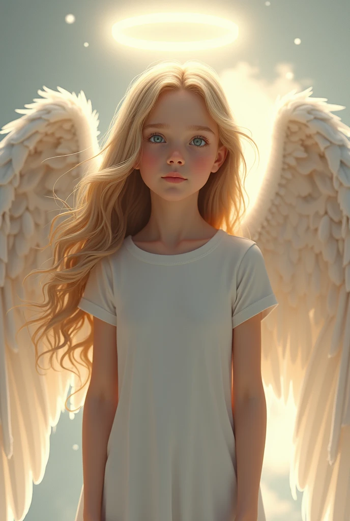ta blonde child girl LONG HAIR, com asas em um fundo branco, Asas pretas ligeiramente queimadas, Asas Negras, lasers azuis, fundo preto.