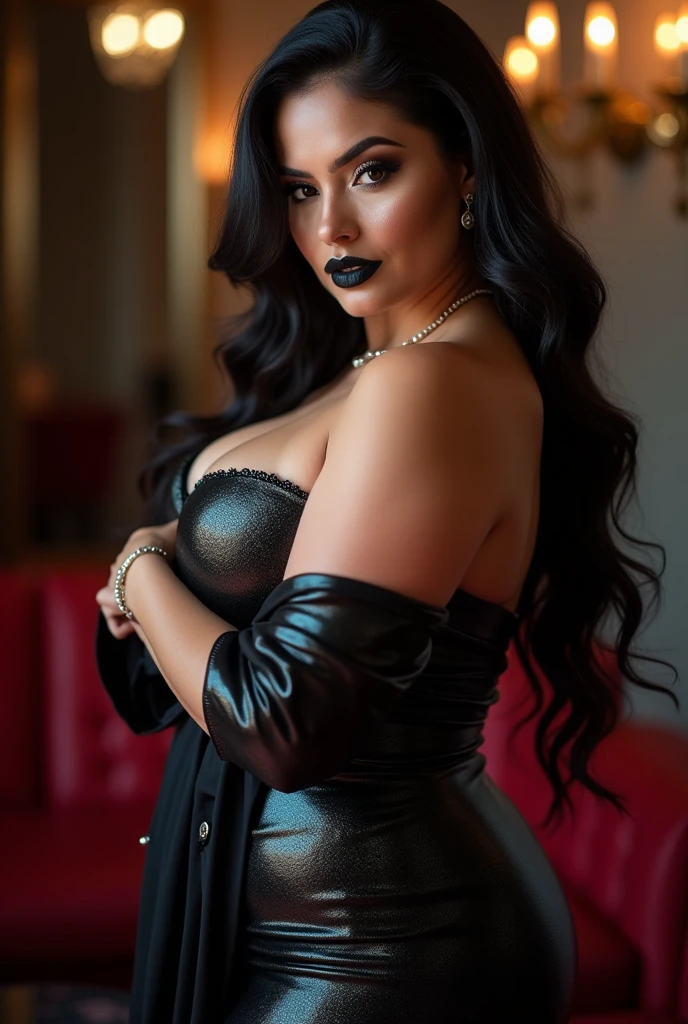 A strikingly beautiful young woman with long, jet-black hair and blunt bangs stands confidently. Her large, expressive brown eyes are framed by bold, arched eyebrows and she wears subtle, yet precise, makeup with dark eyeliner and nude lipstick. She is dressed in a stylish black lace top that emphasizes her elegant neck and décolletage, adorned with an intricate black lace choker necklace featuring a small, vintage-style pendant. The background suggests an upscale interior setting with soft, warm lighting and a large chandelier, creating a sophisticated and intimate atmosphere. The overall mood is one of gothic elegance and modern style. distant full body view, ultra realistic photo, 8k, vibrant colors