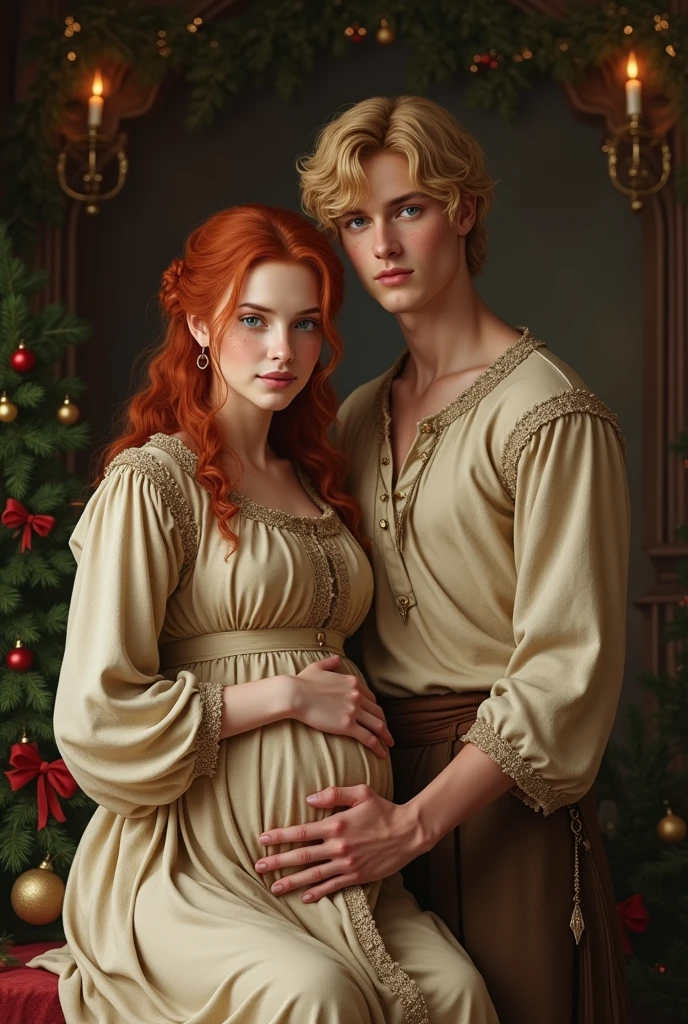 (photorealism:1.2), A woman in the Middle Ages, in the countryside, she is wearing a dress that has a window in the belly and have a belly piercing, her husband hugs her
