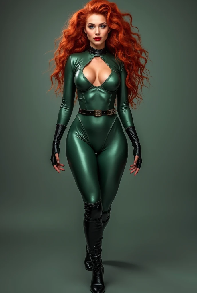 8k, Ultra HD, super details, high quality, high resolution. The heroine Rogue, looks beautiful in a full body photo, her body is sculptural, her long red hair with white streaks and wavy, is radiant in a perfect combination with her white skin, her bright green eyes mesmerize everyone. She is wearing her heroine costume which consists of, A tight bodysuit in green and yellow colors, High yellow boots, A brown leather jacket. She looks very sexy, drawing attention to her big breasts and thick legs.